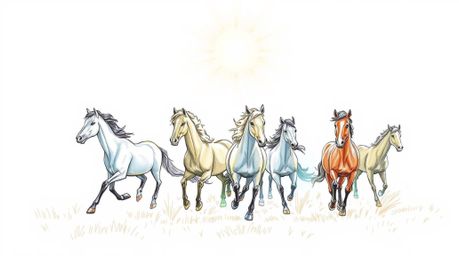 A vibrant hand-drawn sketch captures the energy of a herd of wild horses running beneath a glowing sky. Bright lens flares st