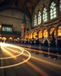 A captivating long exposure photograph reveals a magical school brimming with young wizards.  The image features a soft, blur