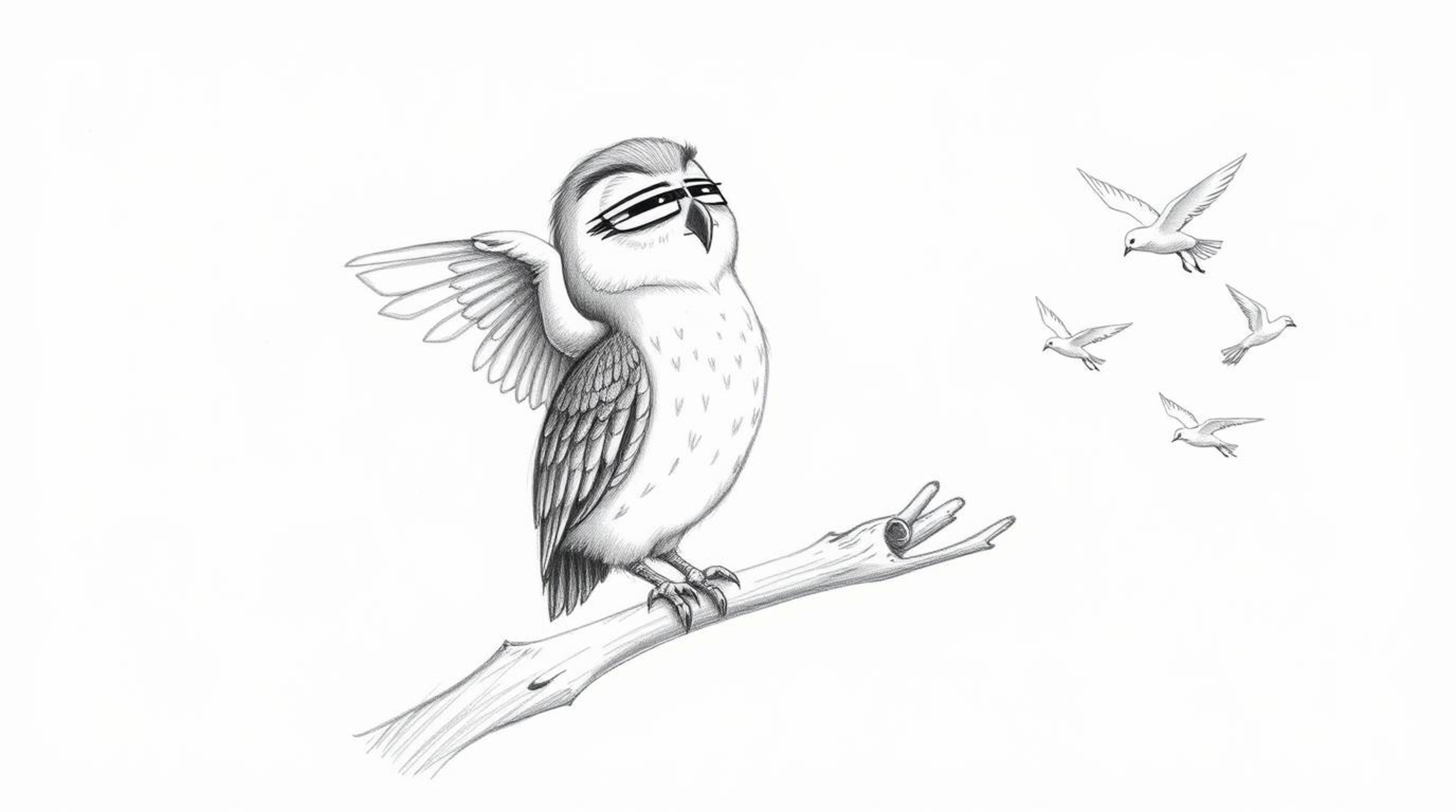 A charming hand-drawn sketch in the style of Pixar depicts a wise, blind owl with a soft, feathery texture, patiently teachin