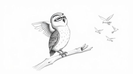 A charming hand-drawn sketch in the style of Pixar depicts a wise, blind owl with a soft, feathery texture, patiently teachin