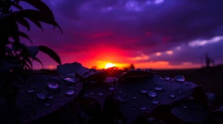 Experience the raw power and beauty of nature with this collection of images showcasing a dramatic sunset reflected in raindr