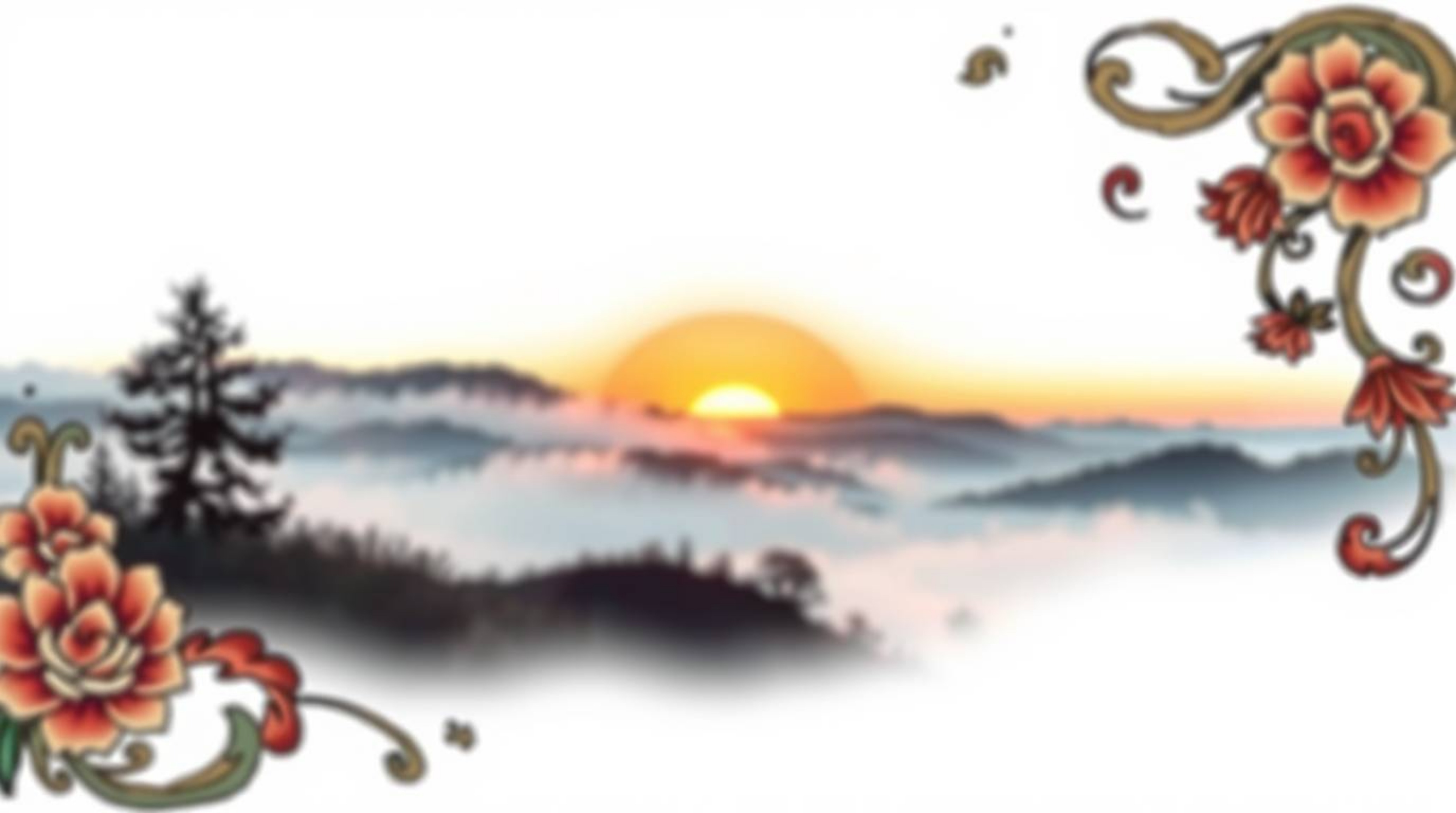 This stunning traditional tattoo art print features fog-covered hills at sunset, capturing a vibrant and serene scene.  The b