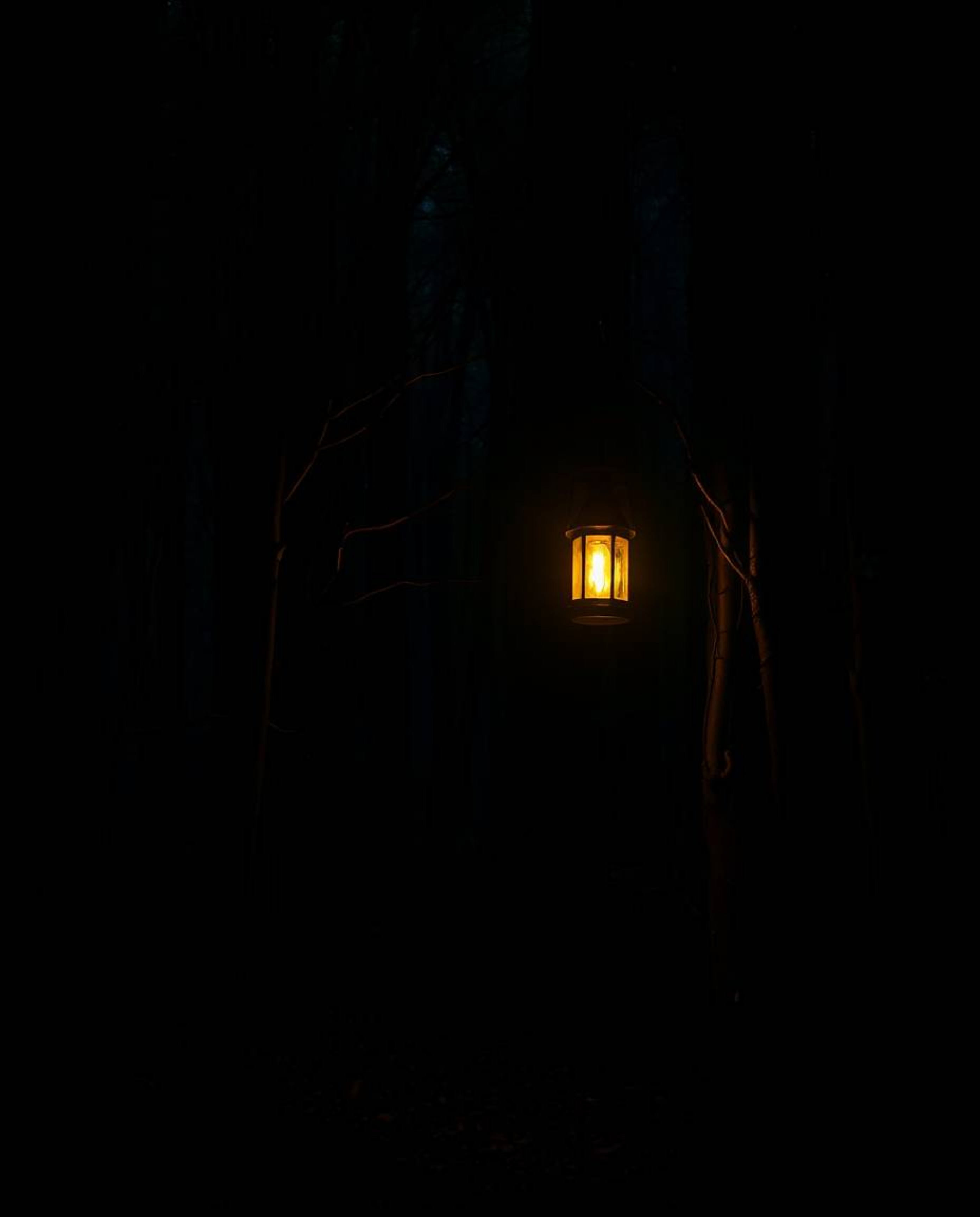 A glowing lantern in a dark forest, depicted with strong contrasts and deep shadows, creates a mystical atmosphere using a ch