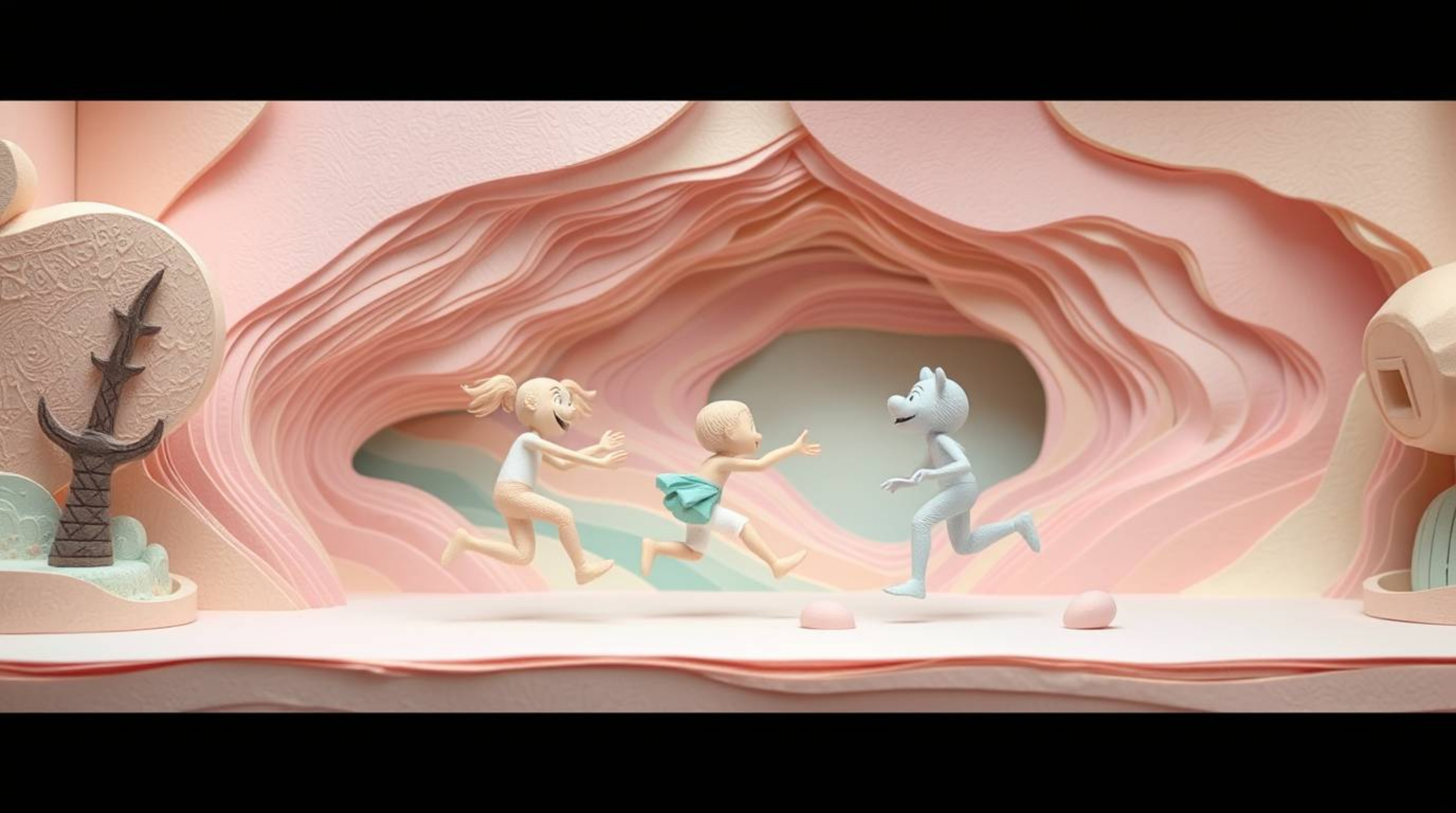 A whimsical chase scene unfolds, meticulously crafted from layered papier-mâché in a palette of soft pastel colors. The anima