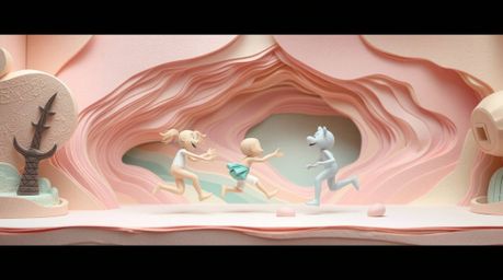 A whimsical chase scene unfolds, meticulously crafted from layered papier-mâché in a palette of soft pastel colors. The anima