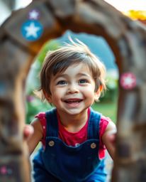 A captivating photograph depicts a child with a lively expression discovering a magical portal in their vibrant backyard. Th
