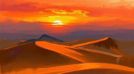 A captivating digital painting depicts a vibrant sunset casting an ethereal glow over golden desert dunes.  Loose brushstroke