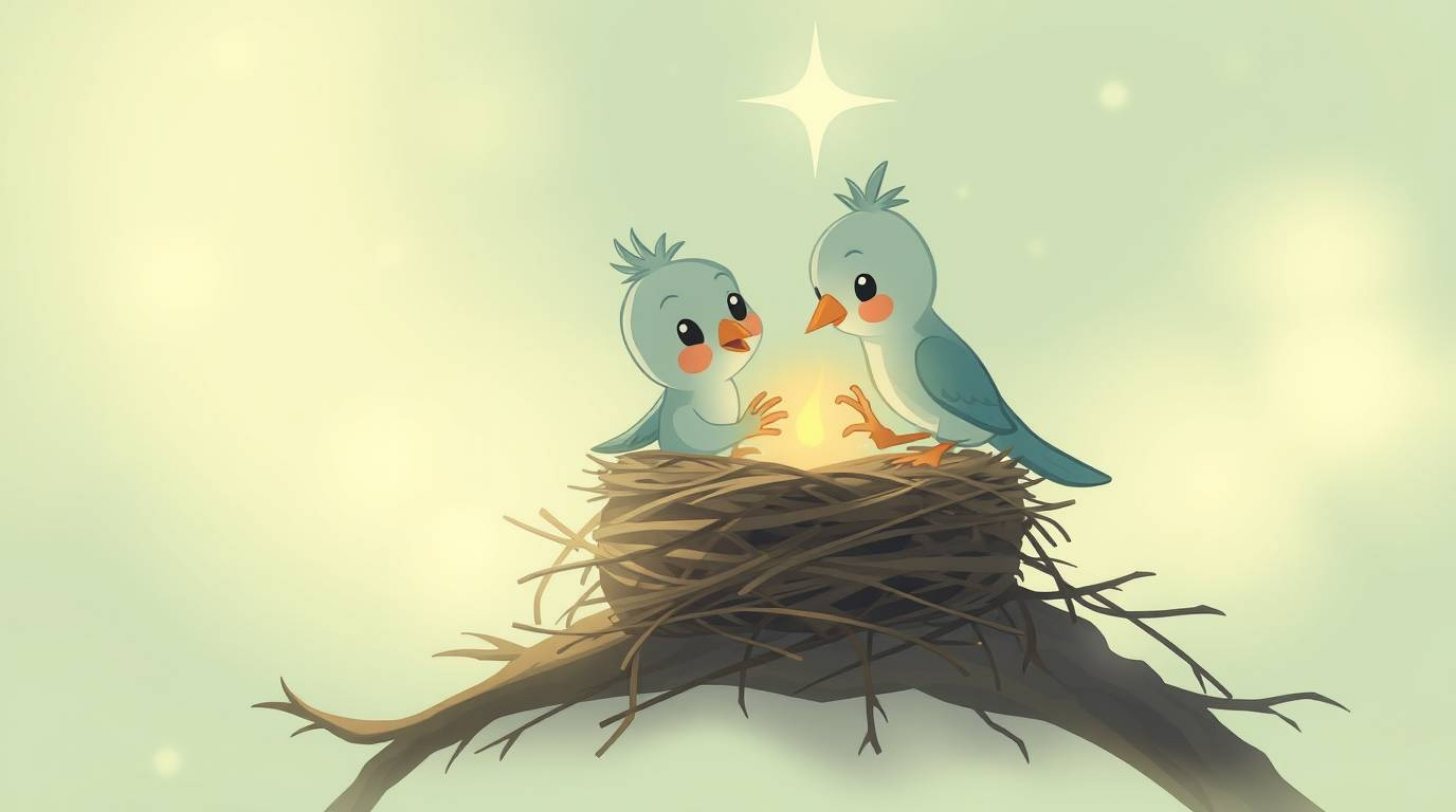 Witness two adorable cartoon birds constructing their nest in a captivating classic animation style.  The scene is imbued wit