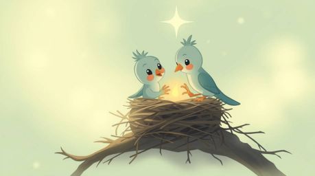 Witness two adorable cartoon birds constructing their nest in a captivating classic animation style. The scene is imbued wit