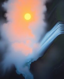 This painting offers a unique overhead bird's-eye view of a sun setting behind a dramatic waterfall. The scene is shrouded in