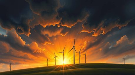 A captivating image depicts a dramatic stormy sunset casting intense hues across a hilltop row of wind turbines.  The paintin