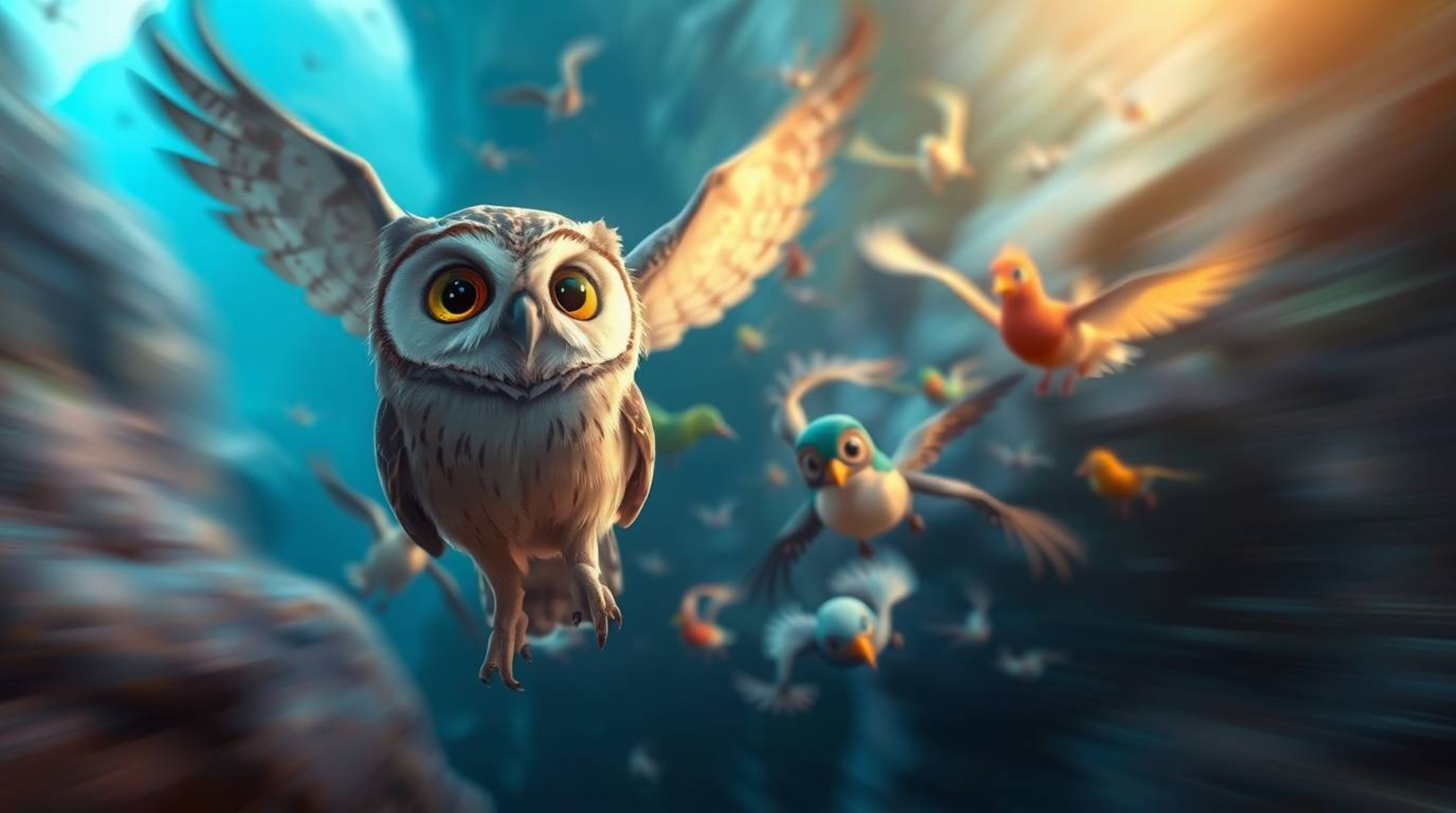 This ethereal and joyful long exposure image, created in a heartwarming Pixar style, features a blind owl with gentle, expres