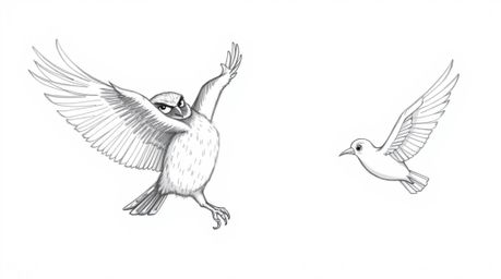 A heartwarming and whimsical illustration depicting a blind owl, rendered in a Pixar-inspired style, guiding a flock of birds