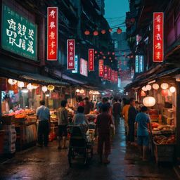 Explore the vibrant energy of a bustling Asian market street, illuminated by colorful neon lights. Indulge in the sights and 