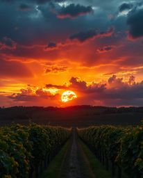 An epic, massive-scale scene of an iridescent sunset over a vineyard, rendered with high tension amidst intense dramatic weat