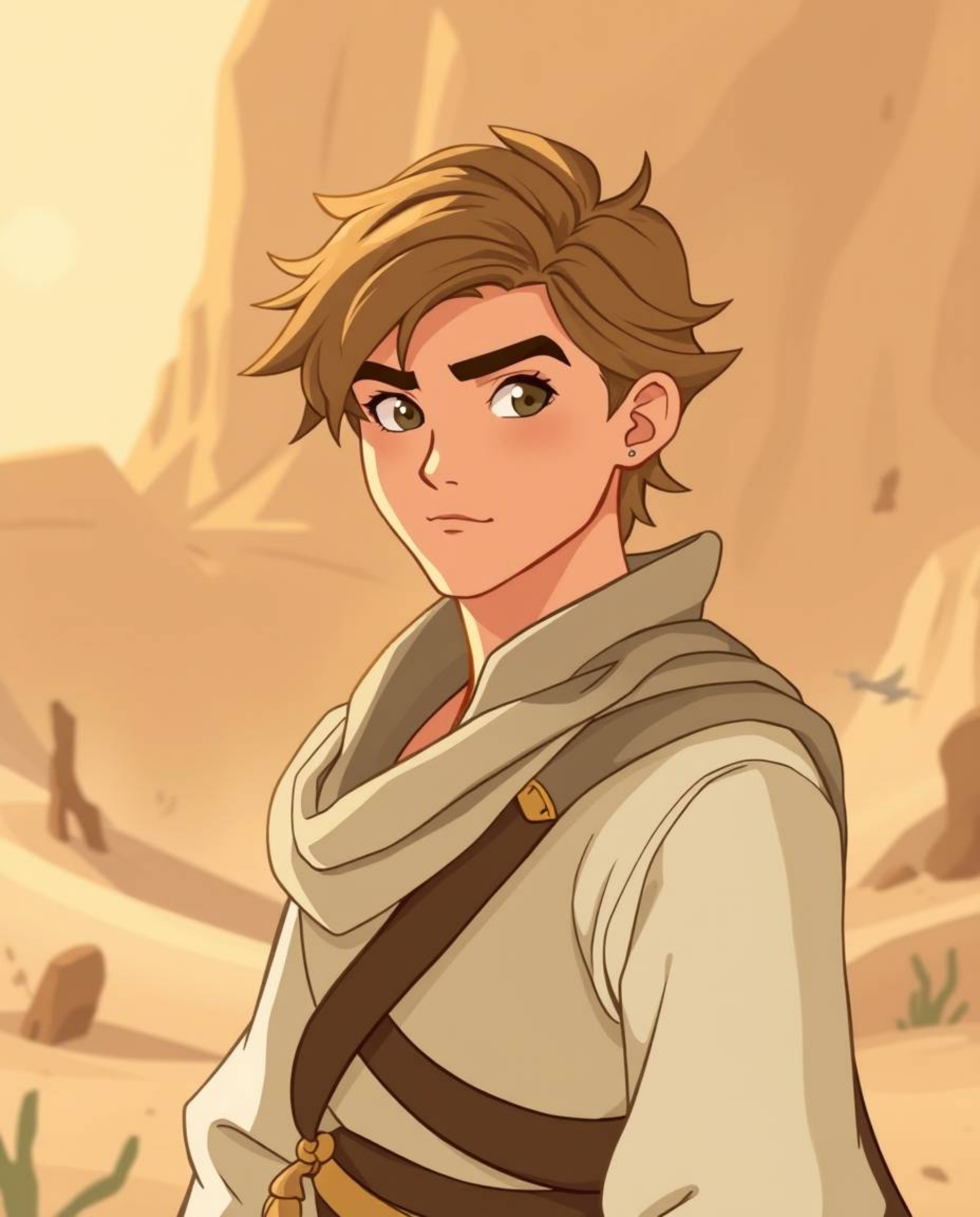 Explore a captivating desert adventure with a graceful and elegant Disney-style hero. This illustration features refined faci