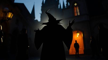 Explore the captivating blend of silhouetted backlighting and candid street photography, featuring a classic Disney villain c
