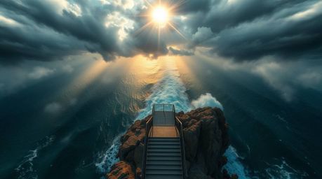 Overhead bird's-eye view captures a dramatic staircase rising from the ocean towards a stormy sky, illuminated by a divine su