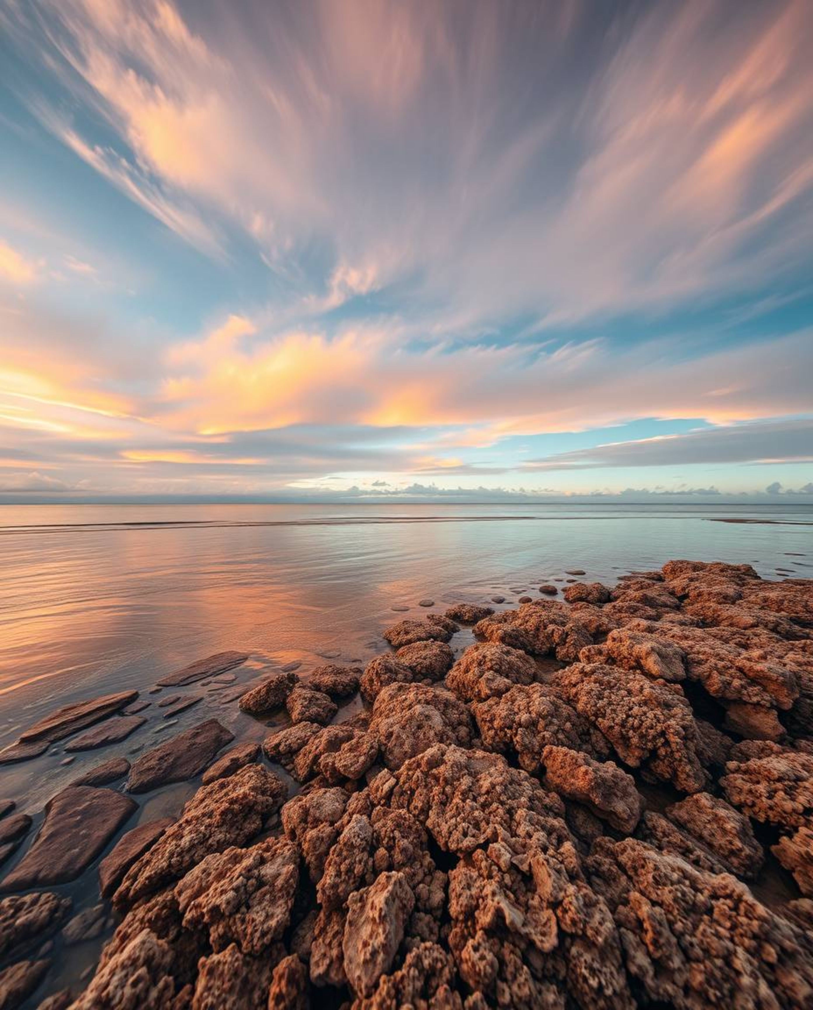 A high-angle perspective showcases a colorful sky over a coral reef at low tide, characterized by the use of natural earth to