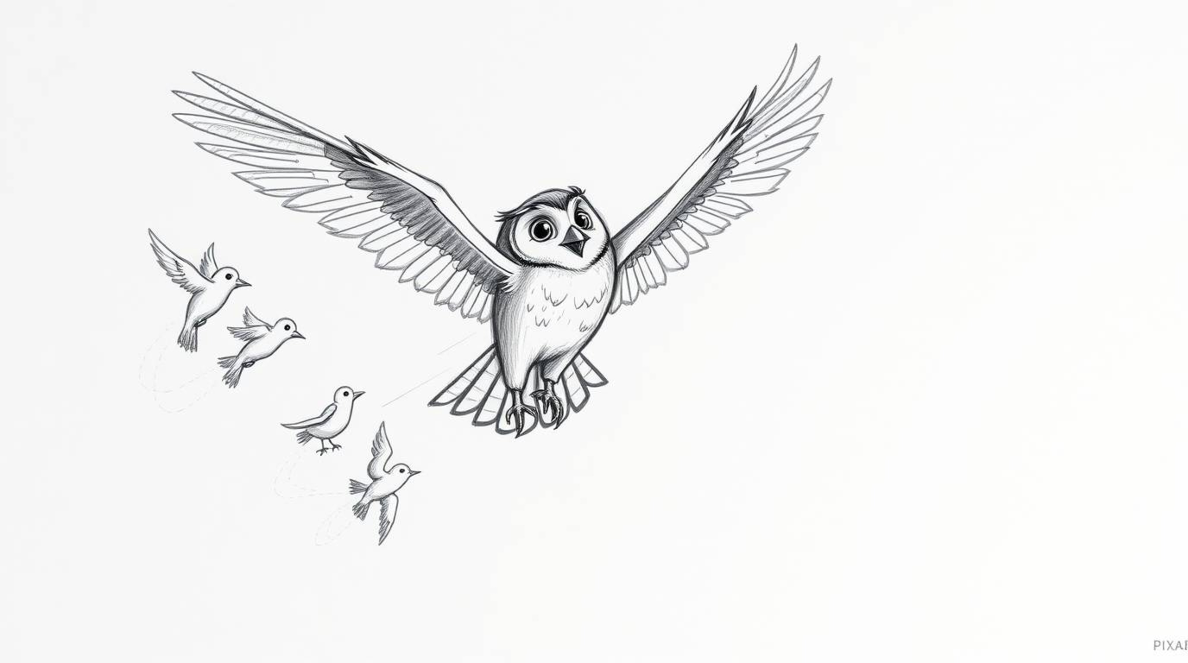 A captivating hand-drawn sketch in the iconic Pixar style portrays a blind owl gracefully mid-flight, engaged in the heartwar