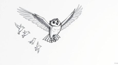A captivating hand-drawn sketch in the iconic Pixar style portrays a blind owl gracefully mid-flight, engaged in the heartwar