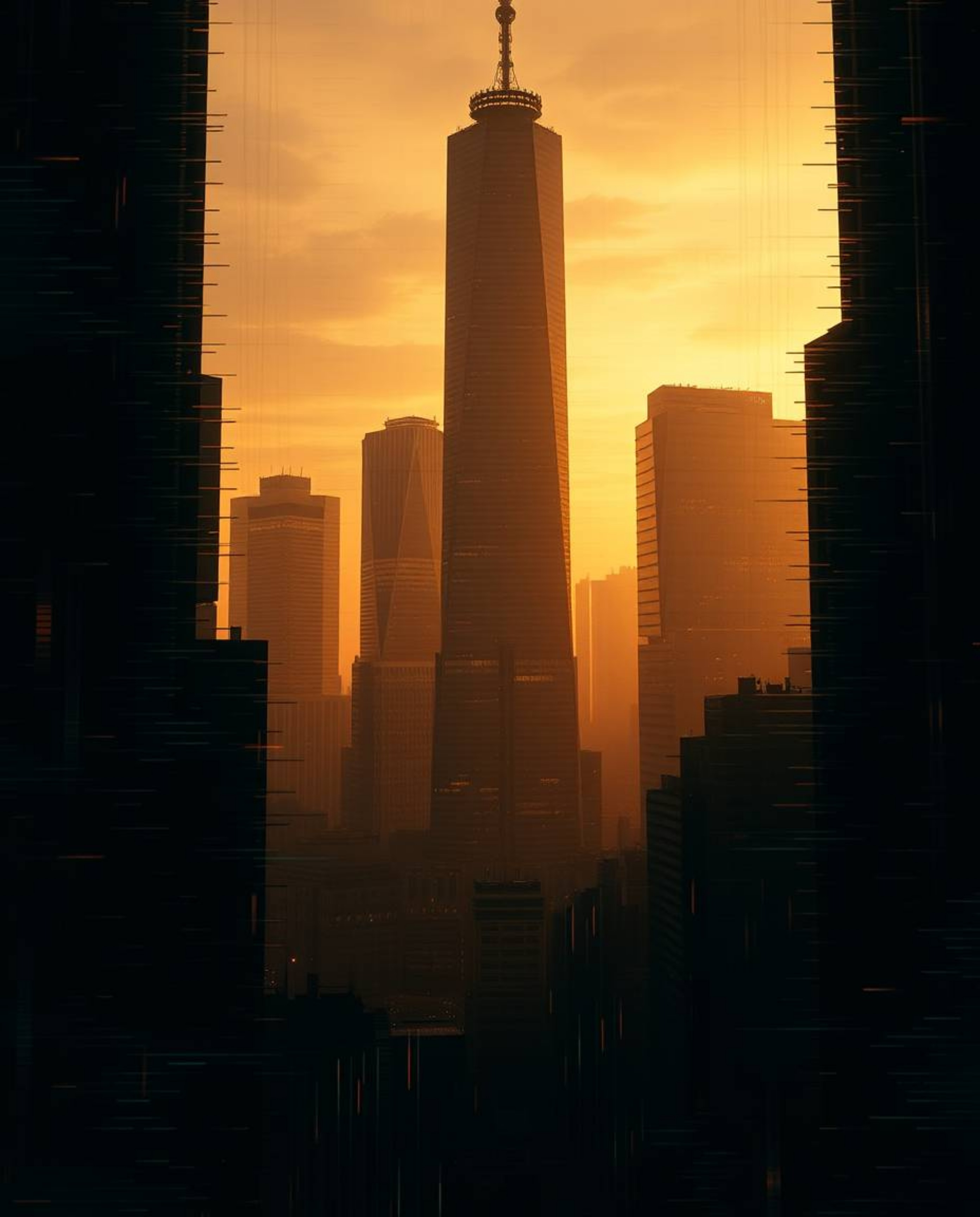 A strong, moody digital artwork depicting a glitchy landscape with distorted skyscrapers and static noise.  Warm golden hour 