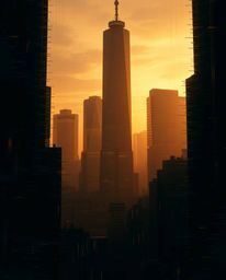 A strong, moody digital artwork depicting a glitchy landscape with distorted skyscrapers and static noise.  Warm golden hour 
