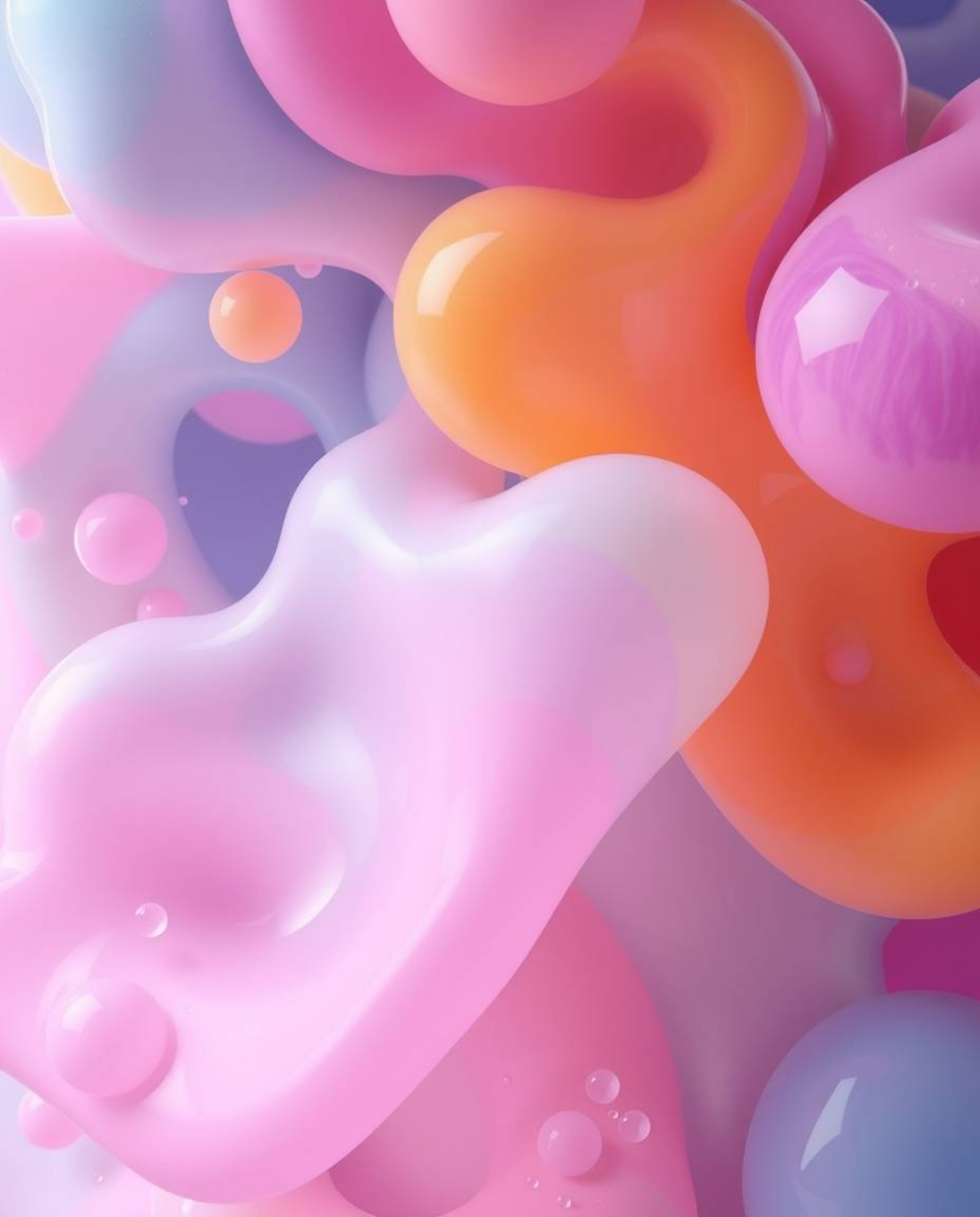 Explore a mesmerizing digital painting showcasing floating 3D blobs of fluid jelly, rendered with vibrant complementary color