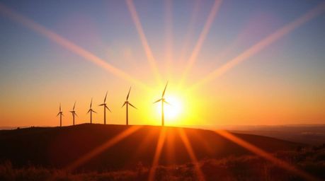 Capture the beauty of a bright lens flare effect in this image showcasing a graceful and elegant sunset behind a row of wind 