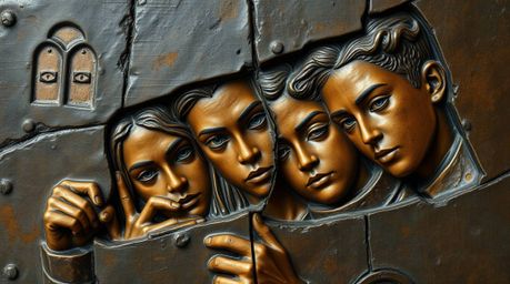 A captivating bronze sculpture depicts a group of teens with detailed facial features, unraveling mysteries within a haunted 