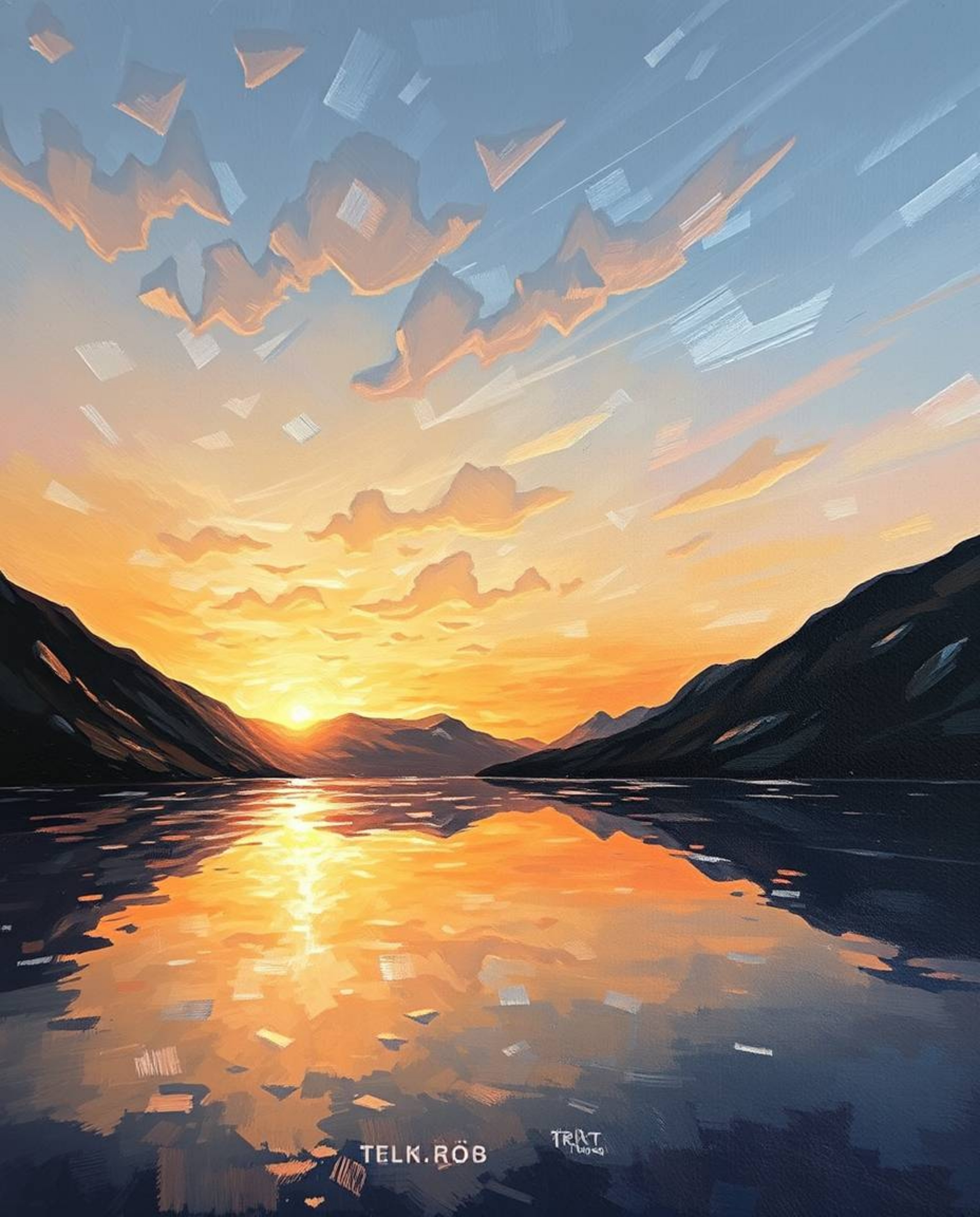 A tight close-up oil painting captures a sunset reflected in a glassy fjord. This piece, created in a classic style, offers a