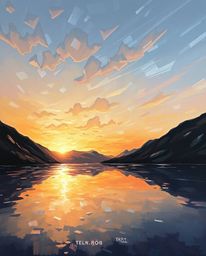 A tight close-up oil painting captures a sunset reflected in a glassy fjord. This piece, created in a classic style, offers a