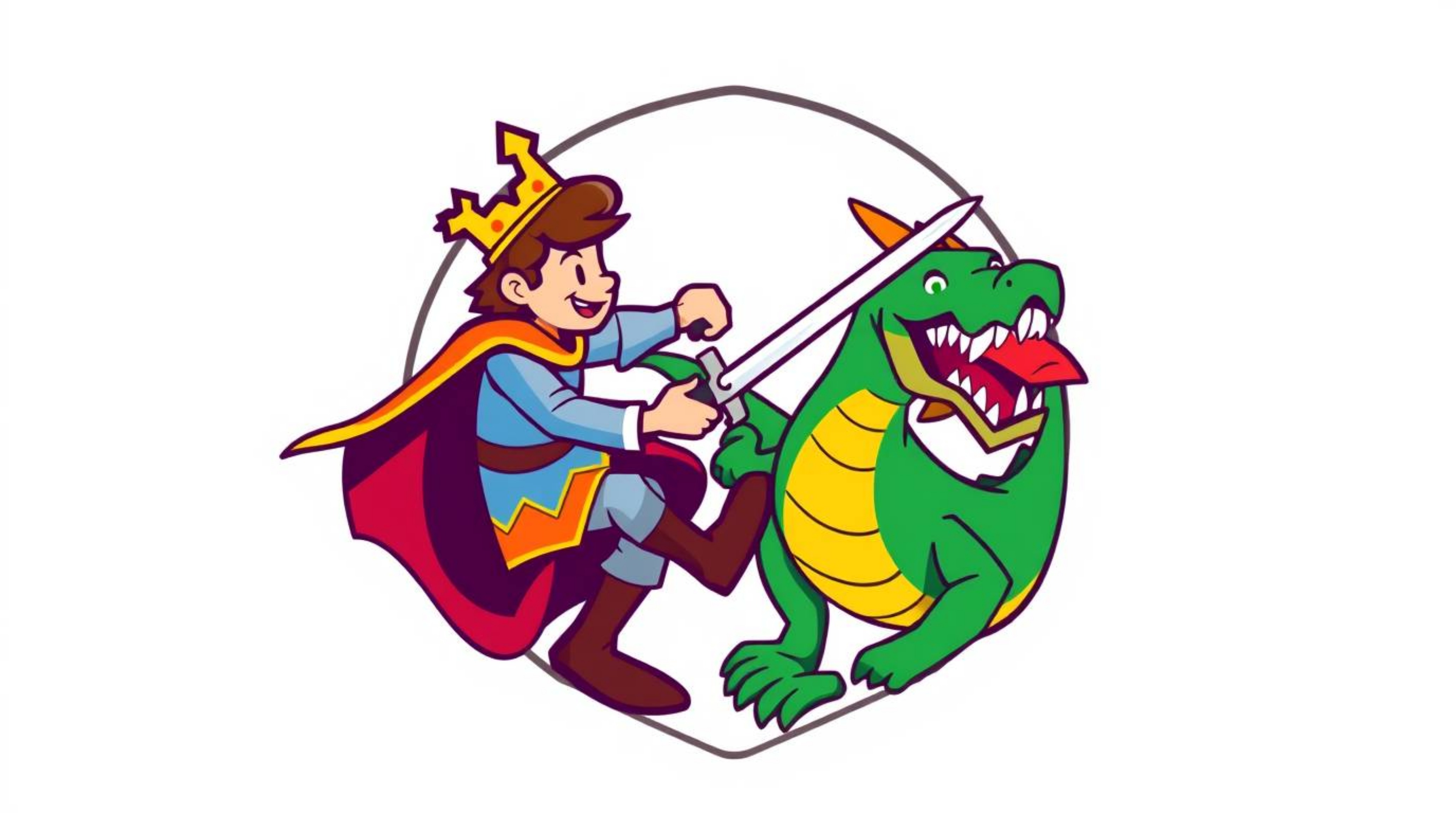 A captivating logo design showcasing a charming prince battling a dragon, rendered in a vibrant, geometric 1950s animation st
