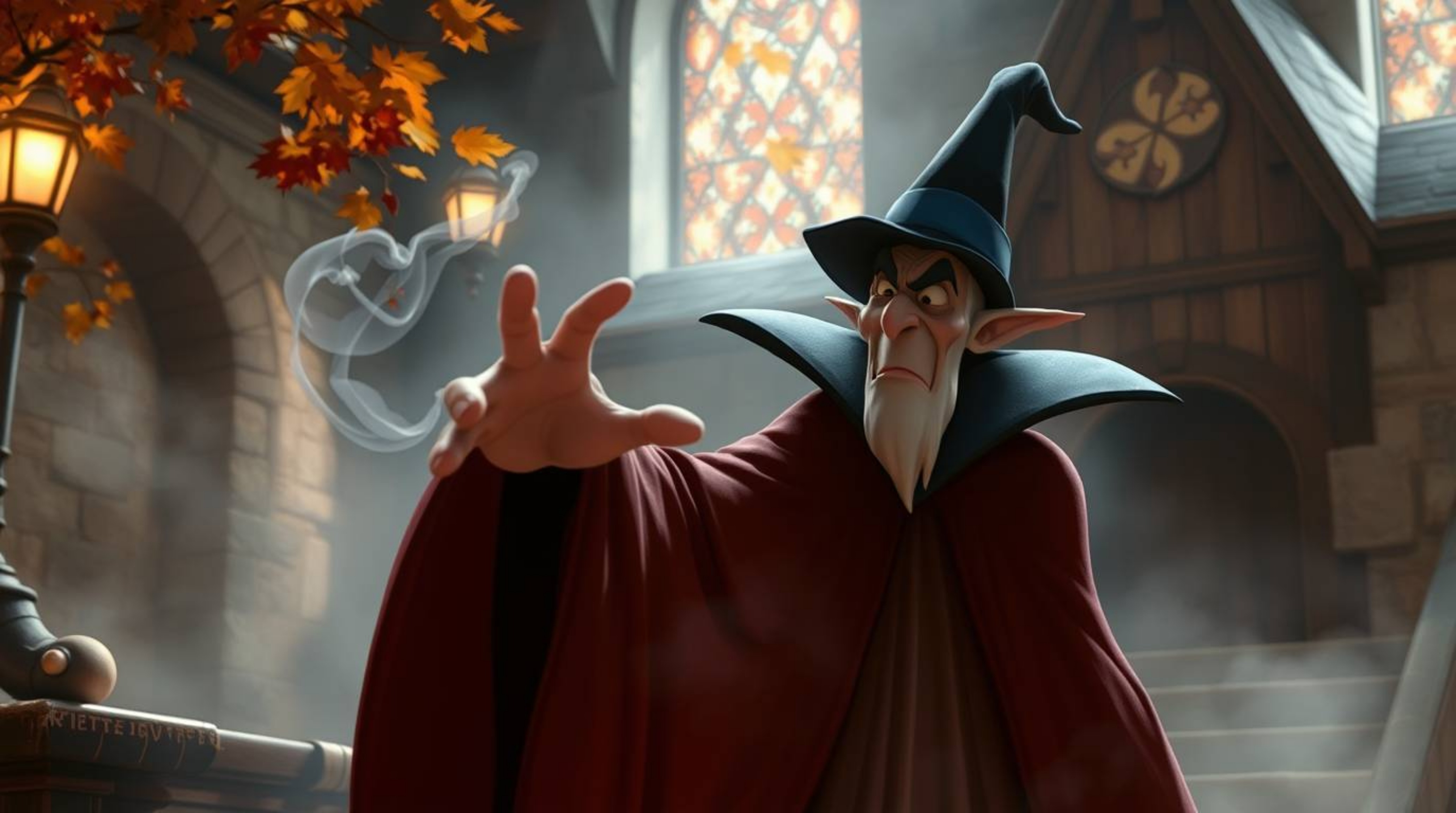 A digitally painted image showcasing a classic Disney villain conjuring a spell within the aged walls of a rustic castle. Wa