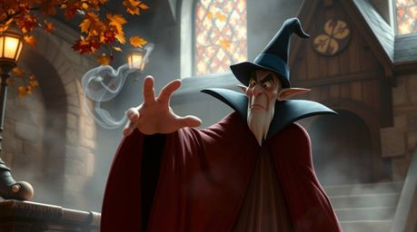 A digitally painted image showcasing a classic Disney villain conjuring a spell within the aged walls of a rustic castle.  Wa