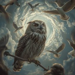 A captivating high-fashion photography piece depicts a blind owl, with intricate feathers and piercing white sockets, teachin