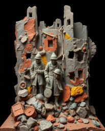 Explore a captivating battlefield of time-warped soldiers and decaying structures rendered in sculptural clay art. The warm p
