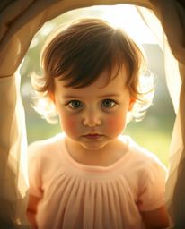 A soft, dreamy cinematic image captures a child with rosy cheeks and curious eyes as they stumble upon a shimmering, ethereal