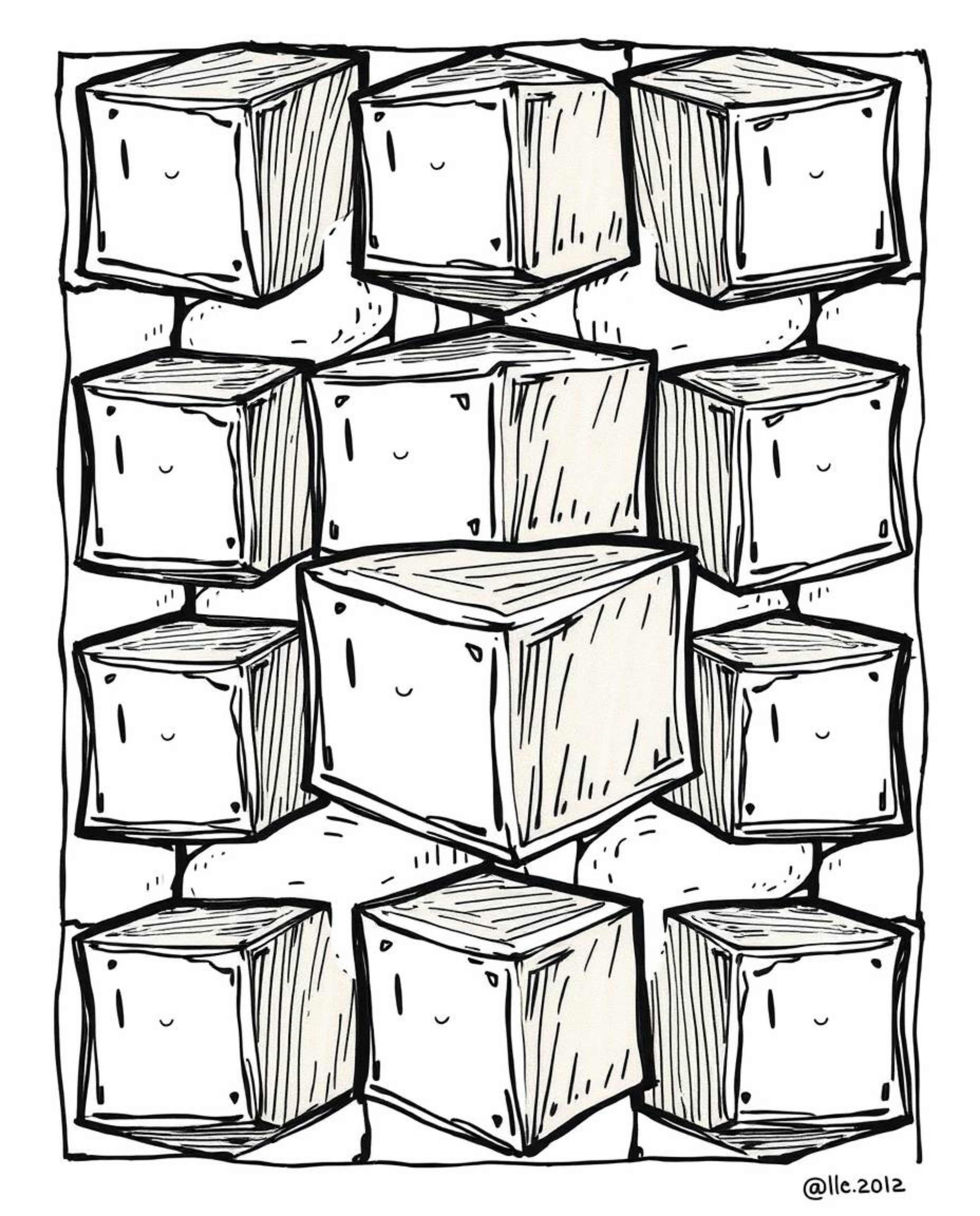 Discover a charming hand-drawn sketch featuring an adorable repetitive cube pattern in the style of Escher's impossible geome