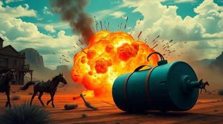 Experience the classic exploding TNT gag set in the wild west, rendered with a rich, deep teal color palette for a luxurious 