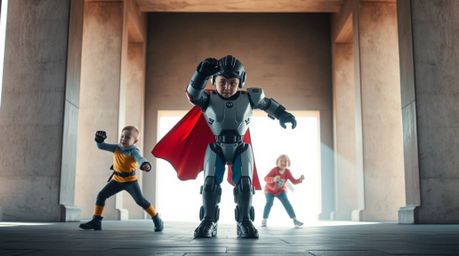 A captivating image showcasing three superpowered children battling a robot within a sharply defined architectural structure.