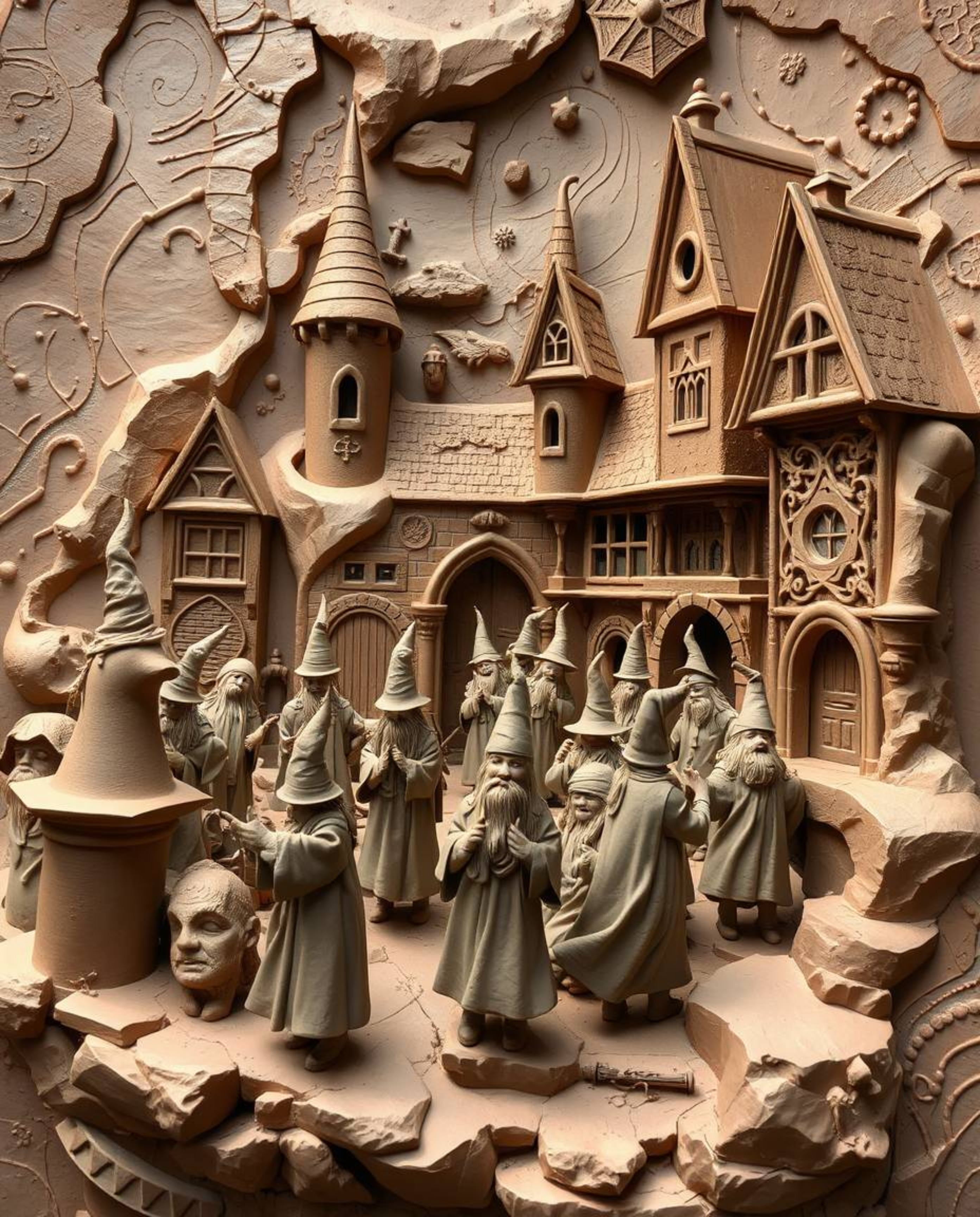 Discover captivating sculptural clay art depicting a magical school brimming with young wizards.  The artwork features a mesm