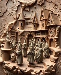 Discover captivating sculptural clay art depicting a magical school brimming with young wizards.  The artwork features a mesm