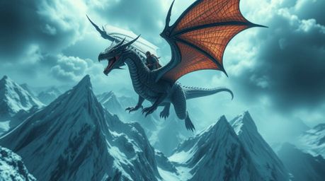 Experience a surreal and dreamlike close-up shot of a dragon and rider soaring above icy mountains. This piece focuses on det