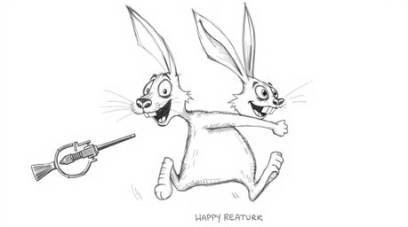 A hand-drawn sketch depicting a wacky rabbit with exaggerated features and a playful expression is the centerpiece, as it wil