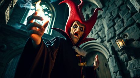 A bright and vibrant low-angle professional photograph captures a classic Disney villain in their element, casting a powerful