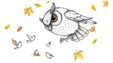 A heartwarming, hand-drawn pencil sketch in the style of Pixar, depicting a blind owl with large, expressive eyes gently spir