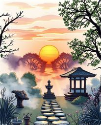 Discover a serene Zen garden at sunset, uniquely captured in a vibrant color sketchnote style hand-drawn sketch. This artwork