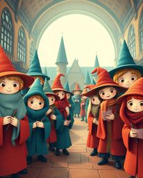 Immerse yourself in a magical school populated by young wizards, beautifully rendered in a warm terracotta and cool teal colo