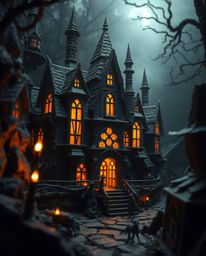 Discover a captivating image of a papier-mâché magical school, radiating a warm golden glow against a backdrop of eerie, cree